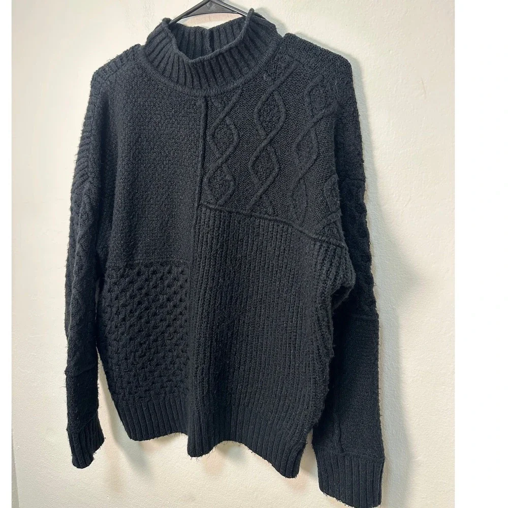 VTG American Eagle Mock Neck Patchwork Knit Sweater Black M Ribbed Cable Knit